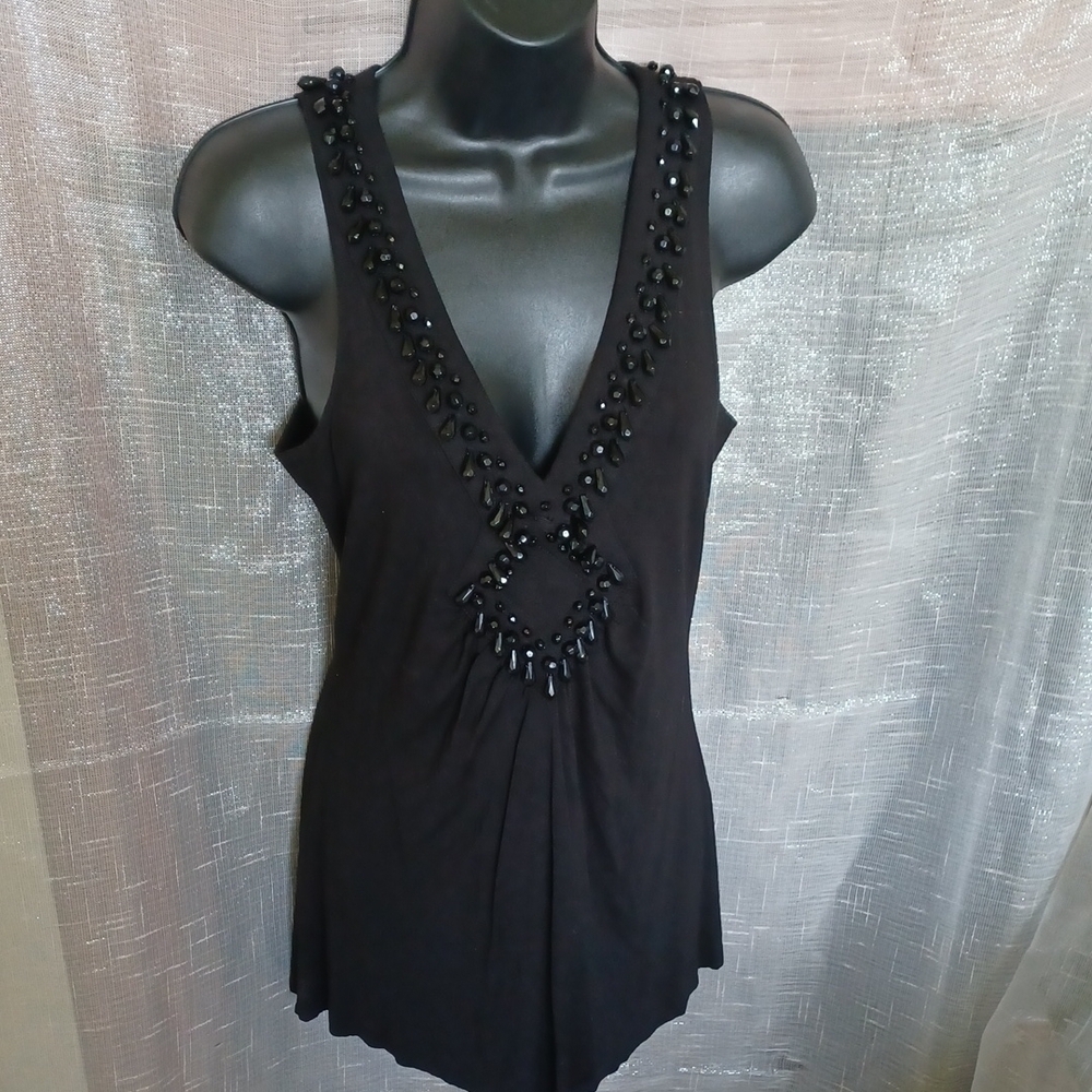 International moda black top with beaded v-neck